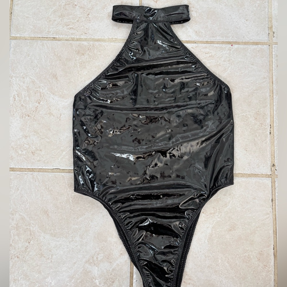 Glossy Black Halter Chemise Slip